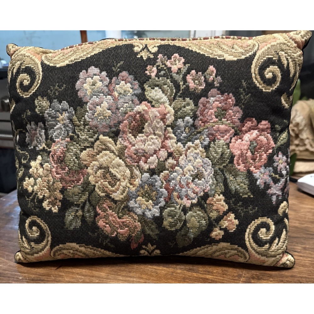 Vintage Floral Tapestry Accent Pillow Black Velvet Backing Rectangular 14x10